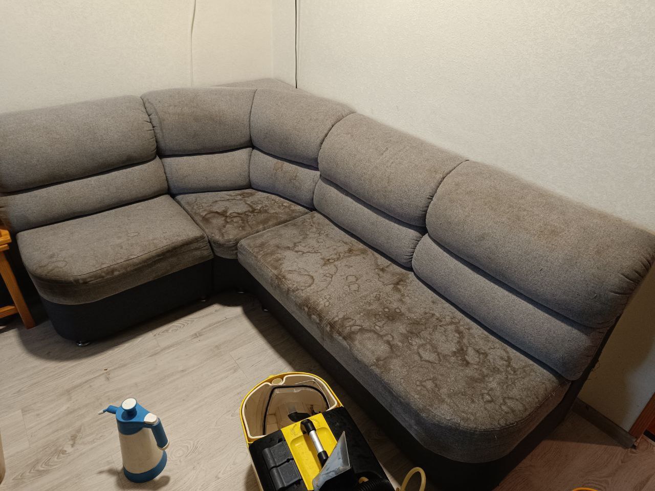 Тканевый угловой диван с пятнами и запахом мочи до обработки